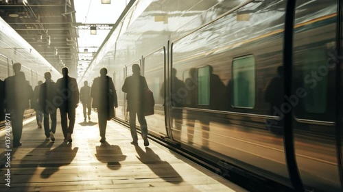 Silhouette of Commuters at Train Station: capturing the daily flow of life, with passengers moving along the platform, emphasizing themes of travel, time, and the rhythm of the city. photo
