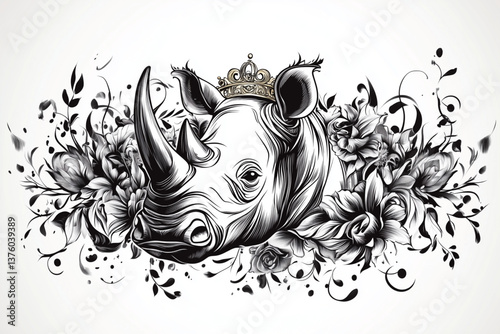 vector rhino black and white vector simple line of stylized surrounded by ornate floral designs, with a golden crown composed of intricate lines and shapes on white background