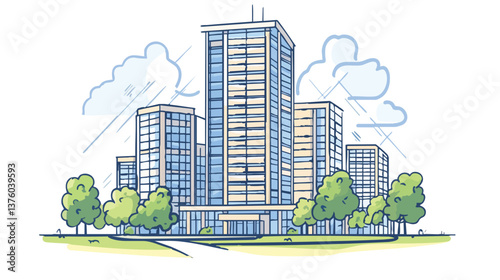 vector modern cityscape with high-rise buildings and trees