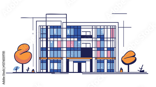 vector modern cityscape with high-rise buildings and trees