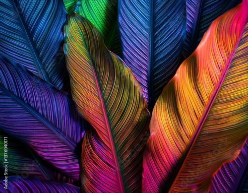 Creative fluorescent color layout made of tropical leaves. Flat lay neon colors. Nature conc