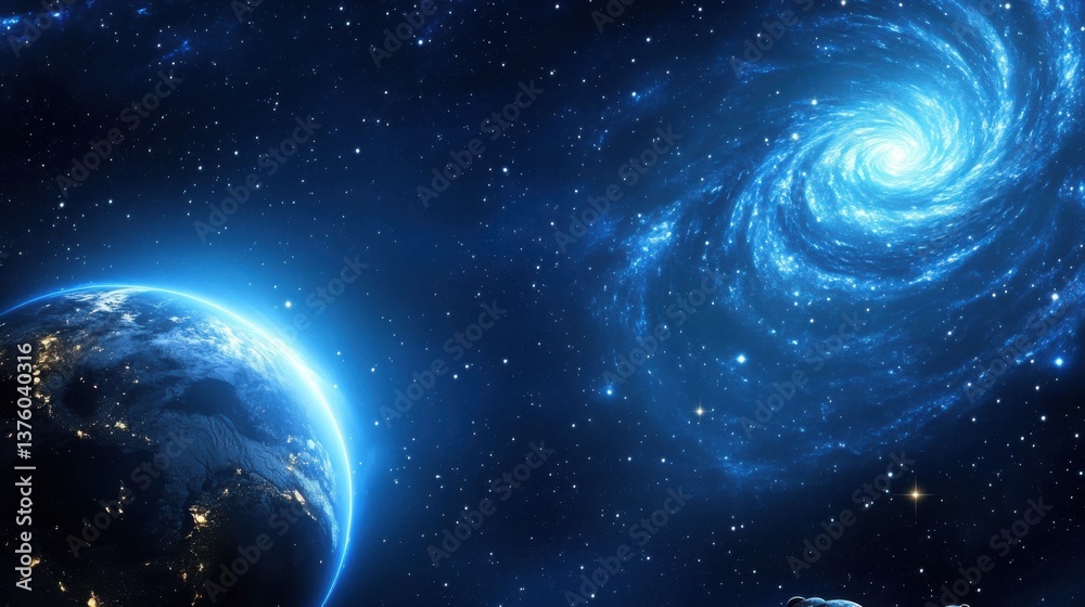 Obraz premium Earth and Spiral Galaxy in Deep Blue Cosmic Background with Stars and Celestial Bodies, Mysterious Vast Universe Astronomy Concept Design