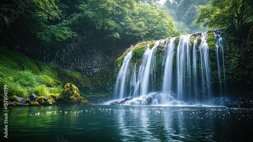 a close up of a waterfall in a forest with rocks and trees, peaceful beautiful waterfall