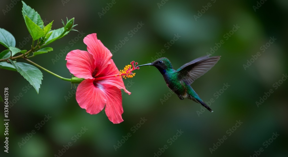 Fototapeta premium Emerald hummingbird hovering near vibrant red hibiscus flower in lush greenery