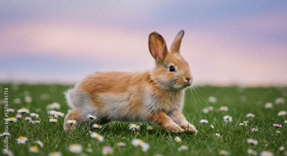 Fototapeta premium Young rabbit hopping in a field of daisies at sunset