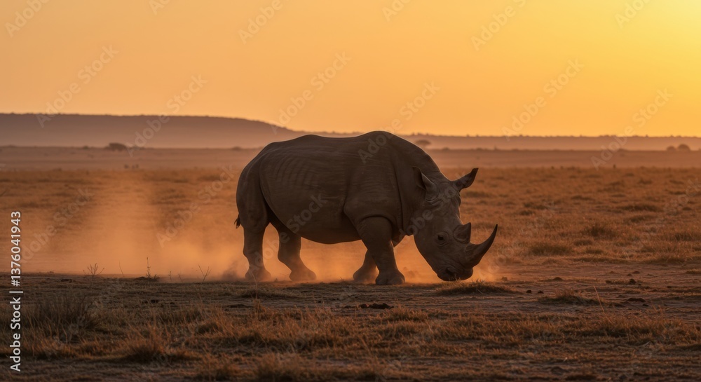 Fototapeta premium Majestic rhino walking on dusty savannah at sunset