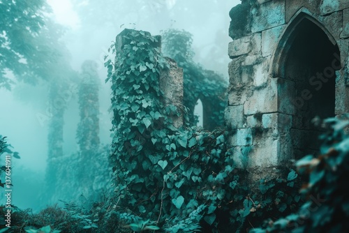 Misty ruins consumed by ivy, with a mysterious and atmospheric feel, suggesting forgotten history and nature's reclaim.