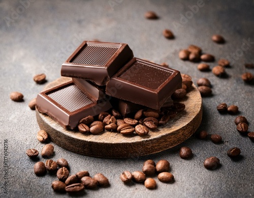 dark organic chocolate and coffee beans on concrete background
