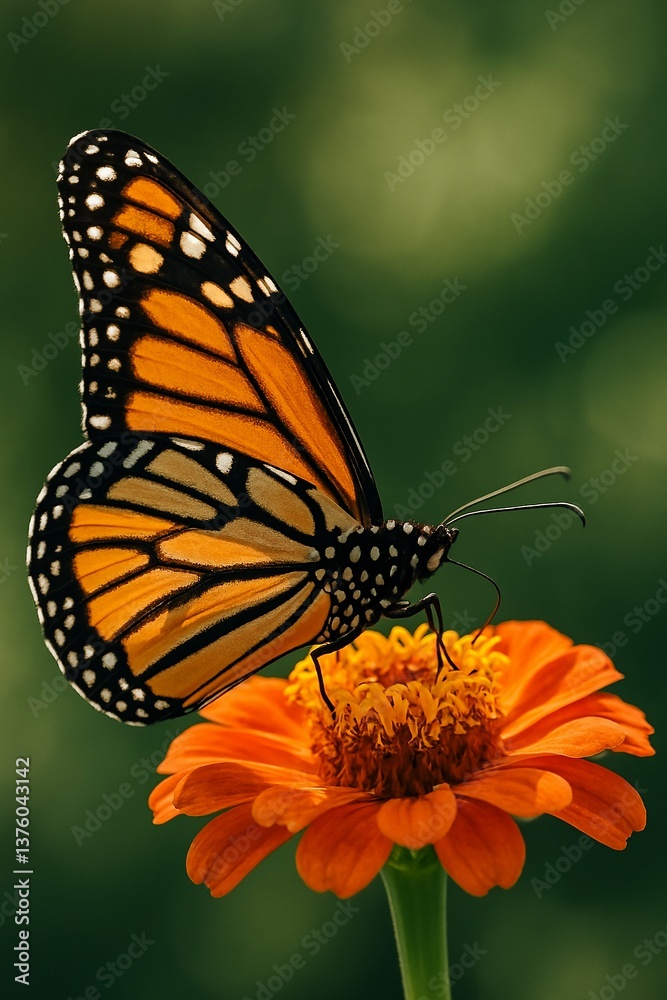 Fototapeta premium Monarch butterfly feeding on orange flower. Generated AI