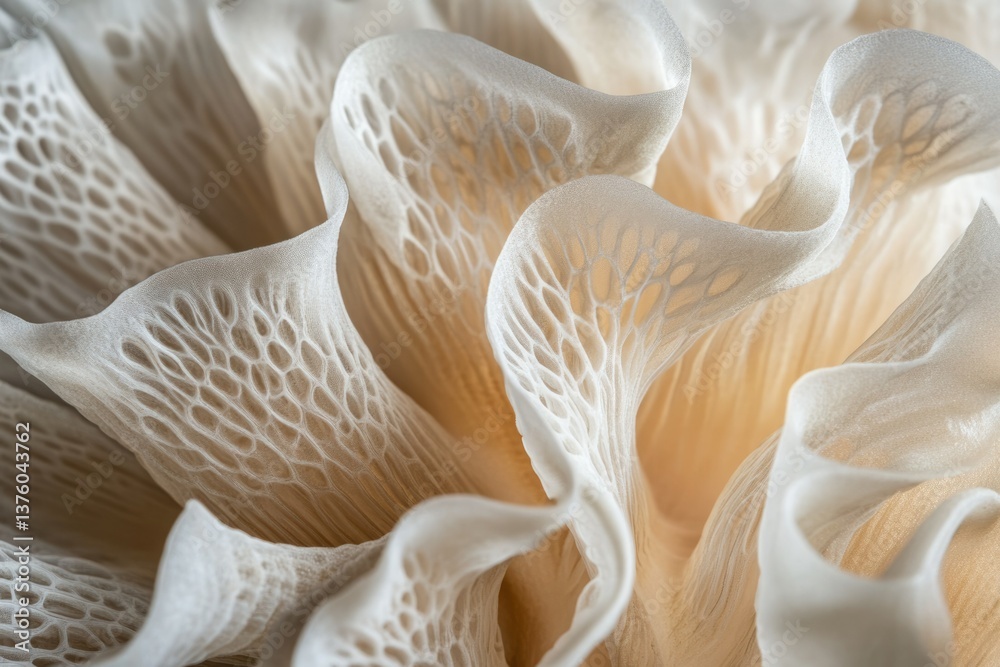 A close-up shot of a textured, creamy white material with a delicate, organic, web-like structure, featuring soft and flowing shapes.