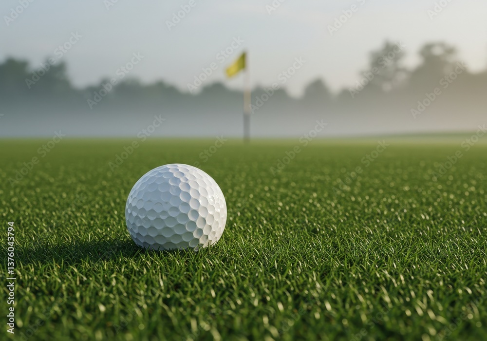 Obraz premium Close-up of a golf ball resting on green grass at dawn with fog in the background