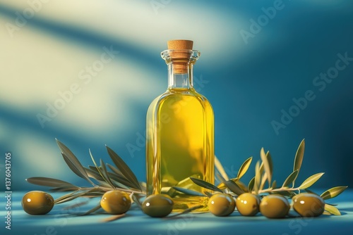 A bottle of golden olive oil, artfully displayed with fresh olives and leaves, against a soft blue backdrop.