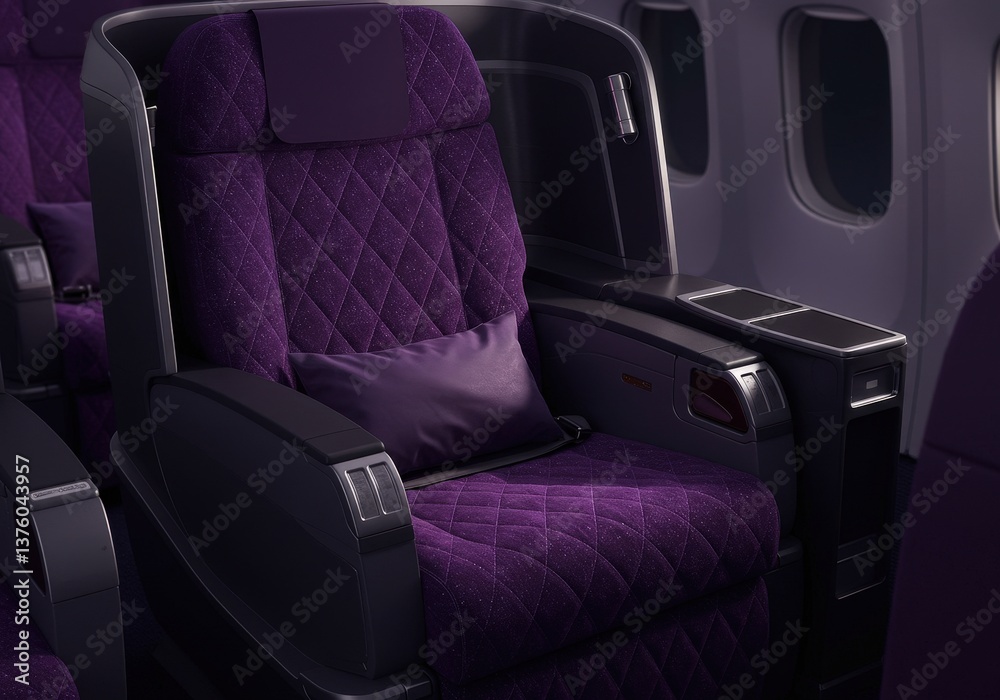 Naklejka premium Luxurious deep purple business class airplane seat with chrome accents for ultimate comfort