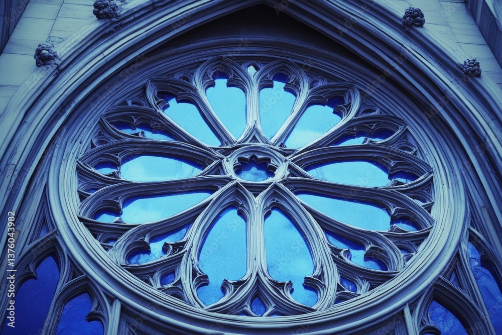 Obraz premium A stunning Gothic rose window with intricate stone tracery and vibrant blue glass, showcasing architectural beauty and timeless design.