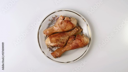 Wallpaper Mural Three golden-brown chicken drumsticks are arranged on a vintage plate. A hand brings them to the table. Torontodigital.ca