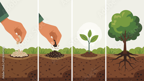 Planting Life Cycle: Stages of Seed Germination and Plant Growth from Planting Seeds to a Mature Tree in Organic Soil.
