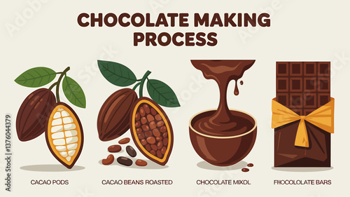 Artisanal Chocolate Making: From Cacao Pods to Delicious Chocolate Bars Process, a Detailed Vector Illustration