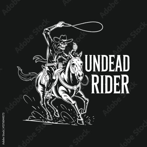 Wallpaper Mural Spooky Undead Cowboy Rider on Horseback: A Gritty Halloween Illustration with Lasso and Skeleton Figure for Western-Themed Projects Torontodigital.ca