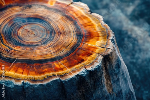 A petrified tree stump with vibrant concentric rings, showing its age and geological transformation over time.