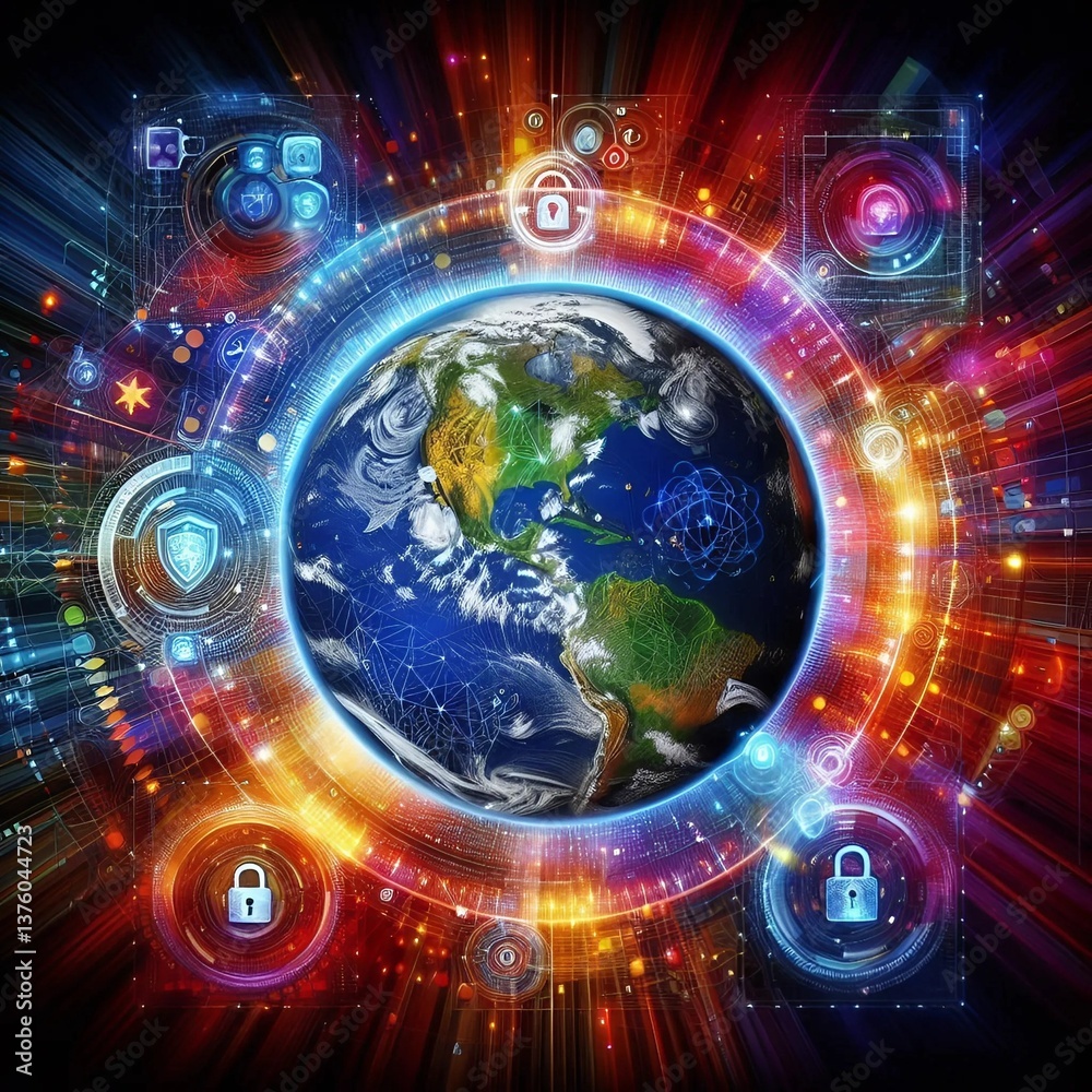 Fototapeta premium A digital shield featuring a cybersecurity locks, symbolizing security and protection