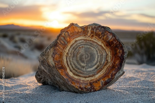 A cross-section of petrified wood in a desert landscape, with a vibrant sunset in the background, emphasizing its age.