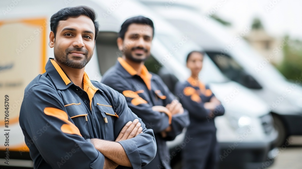 Reliable delivery service team standing confidently in front of vehicles Reliable delivery service team standing confidently in front of vehicles