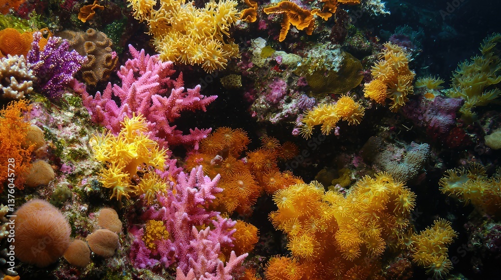 Fototapeta premium A close-up of an intricate coral reef structure, with spiny corals, soft corals, and sponges coexisting in a rich, colorful habitat.