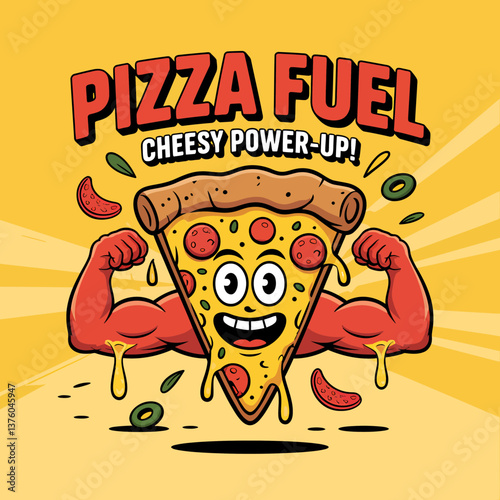 Pizza Slice Cartoon Character with Muscular Arms on Yellow Background - Cheesy Power-Up Illustration