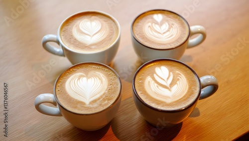 The image shows four cups of coffee with intricate latte art—designs like hearts and leaves—set on a wooden table. The artistry highlights creativity in coffee culture.