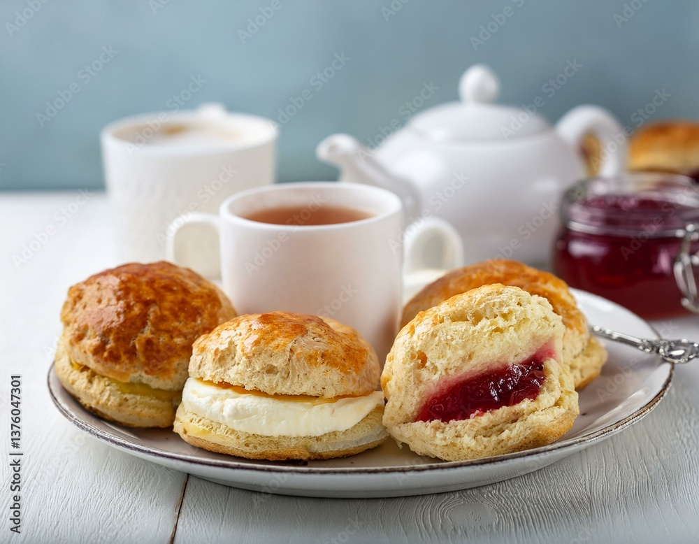 English cream teas, scones with jam and cream, tea with milk, with sandwiches on the back, English cream teas, scones with jam and cream, tea with milk, with sandwiches on the back,