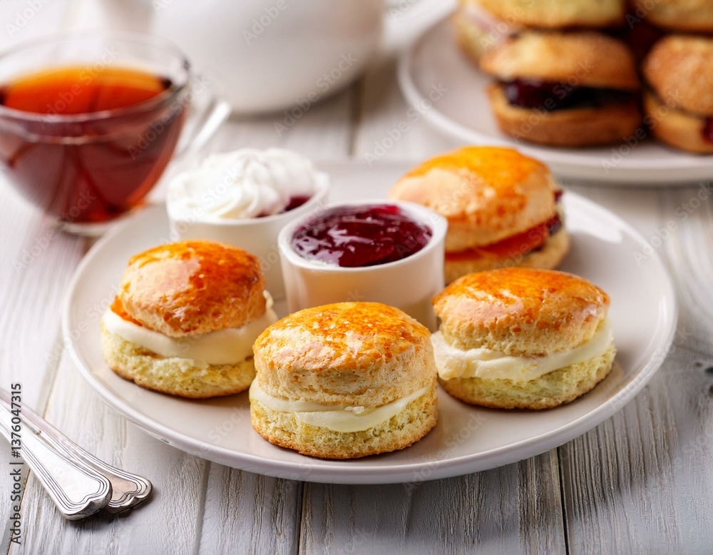 English cream teas, scones with jam and cream, tea with milk, with sandwiches on the back, English cream teas, scones with jam and cream, tea with milk, with sandwiches on the back,