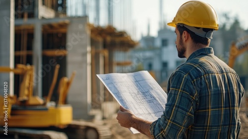 A construction worker wearing a helmet and inspecting blueprints at a construction site. Featuring focus and planning