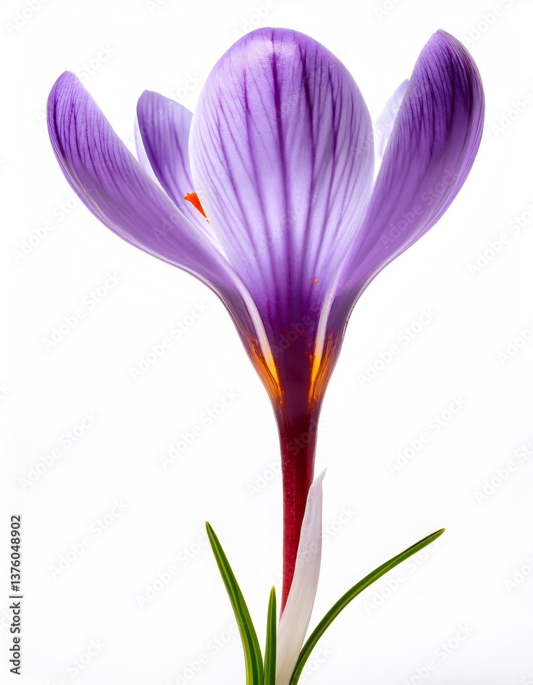 Naklejka premium Delicate saffron crocus displaying vivid purple petals, bright orange stigma emerging from verdant green foliage, set against pristine white backdrop