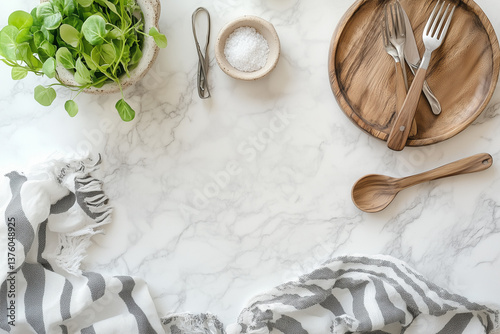 Obraz na płótnie Marble Kitchen Background with Wooden Utensils | Elegant Food Photography w salonie