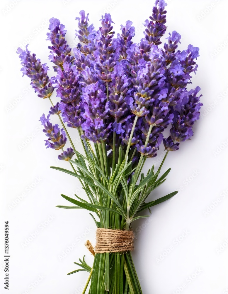Fototapeta premium Lavender bundle tightly bound with twine, displaying aromatic purple blooms against pristine white background, highlighting natural herbal beauty