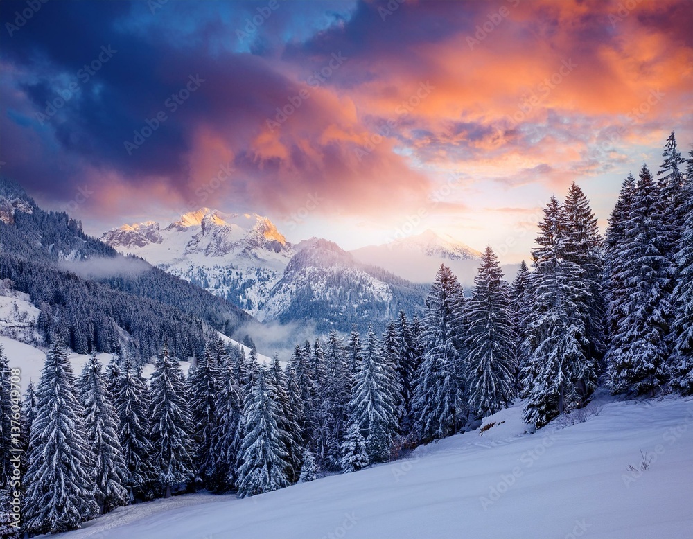 Fototapeta premium Fantastic evening winter landscape. Colorful overcast sky. Austria, Europe. Beauty world. 