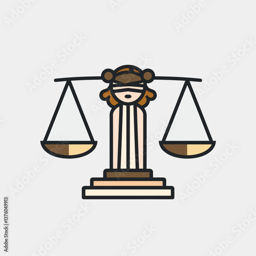 A stylized depiction shows a blindfolded lady holding a balanced scale, symbolizing justice and impartiality.