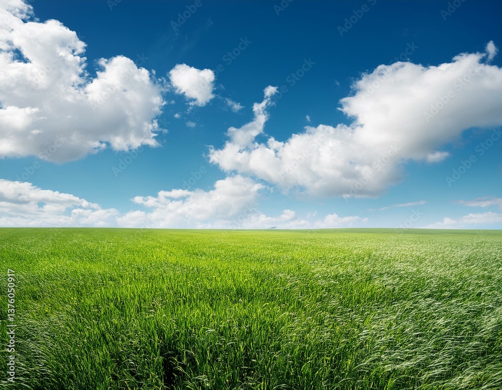 Obraz premium field of green grass with white clouds 