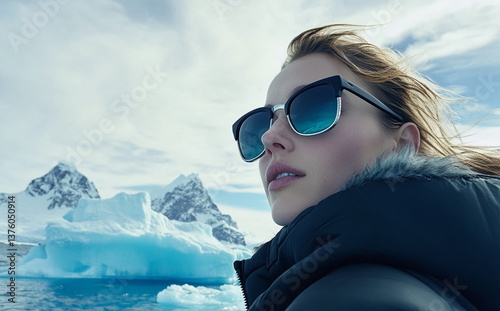 Blond woman with sunglasses in dramatic frozen scenery, symbolizing adventure, travel lifestyle, nature exploration, and rugged beauty. Ideal for winter fashion, adventure, and tourism.

 photo