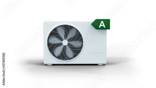 Une pompe à chaleur air / air avec le pictogramme d'efficience énergétique A - fond transparent - rendu 3D