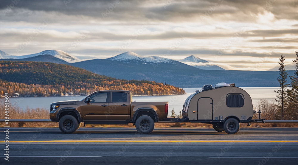 Powerful pickup truck pulling an RV on a picturesque road surrounded by mountains and sky. Adventure, travel, freedom, and road trip concept for outdoor living enthusiasts and explorers.

