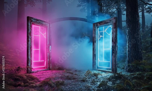 Two neon glowing portals in a dark, foggy forest, representing a choice between realities.