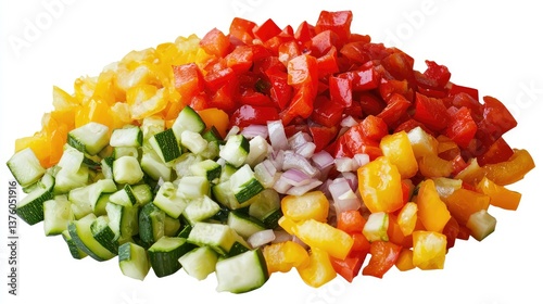 A colorful mix of diced vegetables such as red bell peppers, onions, and zucchini on a transparent background.