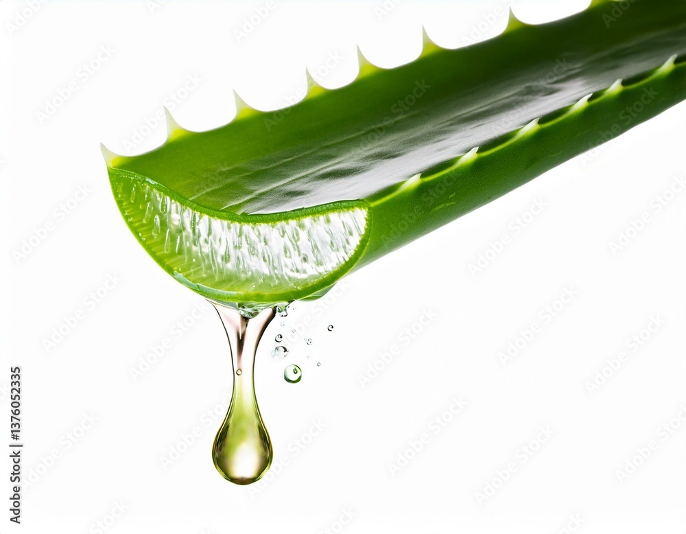 Fototapeta premium Aloe vera gel dripping from aloe vera slice isolated on white background