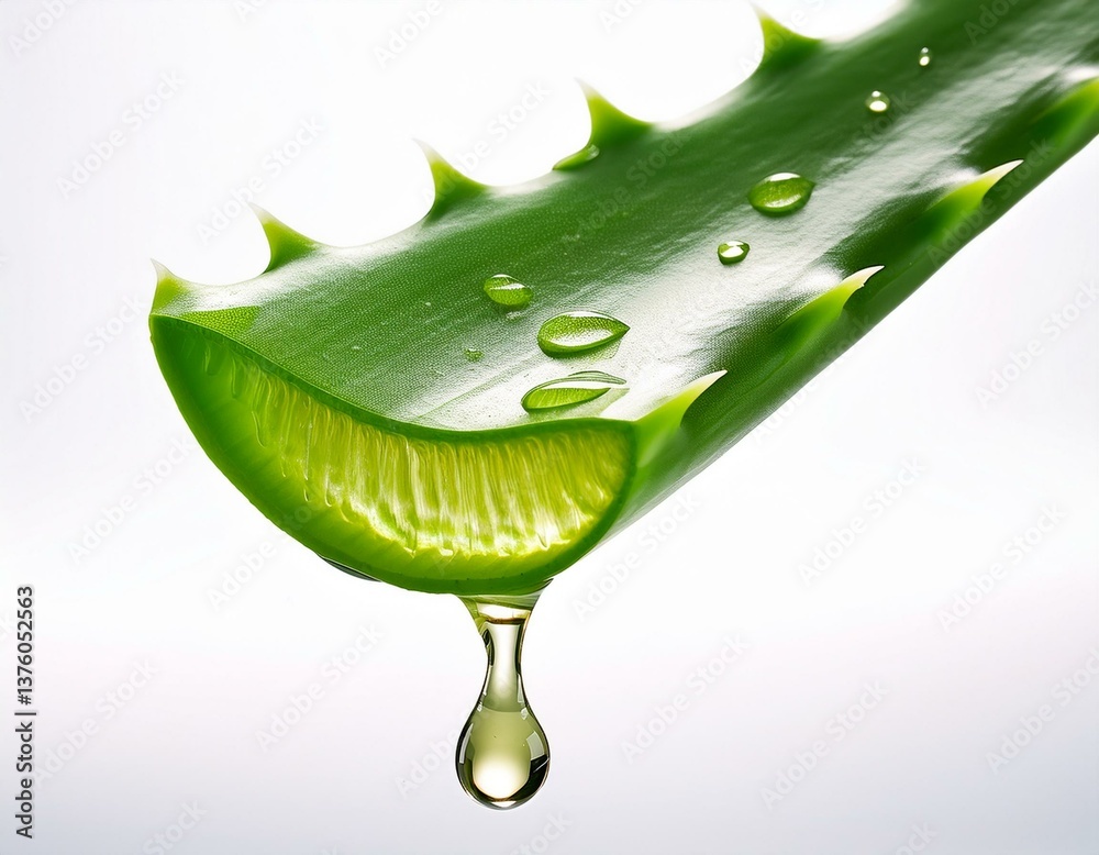 Fototapeta premium Aloe vera gel dripping from aloe vera slice isolated on white background