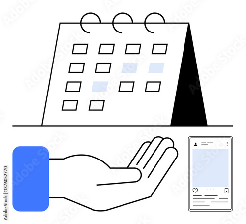 Open hand under calendar with marked dates and smartphone screen. Ideal for time management, planning, organization, support, social media, productivity, flat simple metaphor
