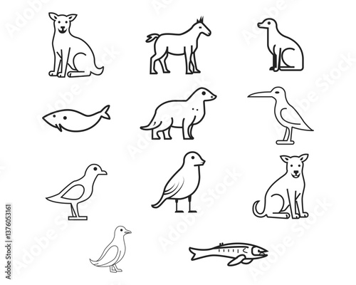 Collection of minimalist line art animals dogs, cats, horses, and birds icons.