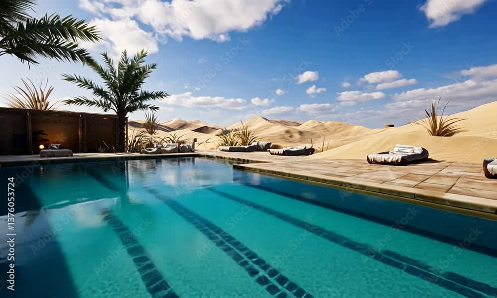 Serene desert oasis with a tranquil pool surrounded by sand dunes and palm trees under a blue sky Serene desert oasis with a tranquil pool surrounded by sand dunes and palm trees under a blue sky