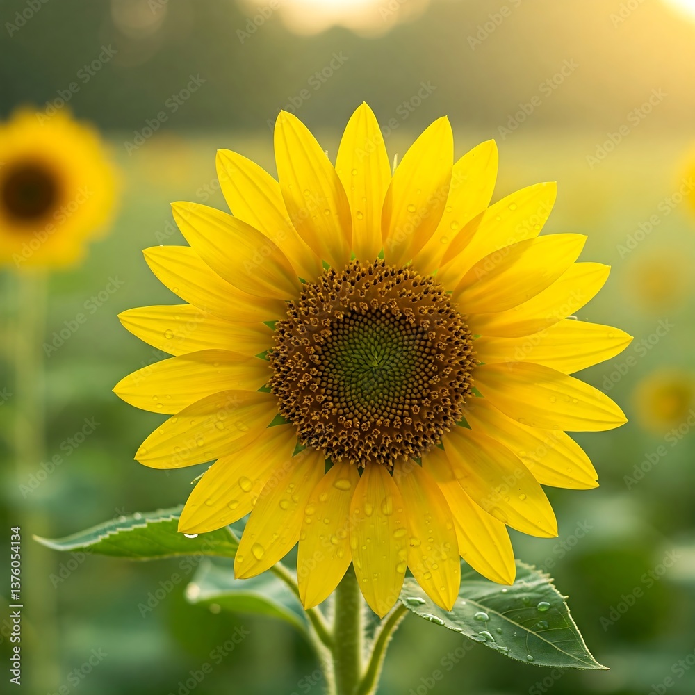 a single dew-kissed sunflower, its yellow petals radiating outwards, with the morning sun reflecting off the dewdrops. The background should be a soft, blurred green. a single dew-kissed sunflower, its yellow petals radiating outwards, with the morning sun reflecting off the dewdrops. The background should be a soft, blurred green.