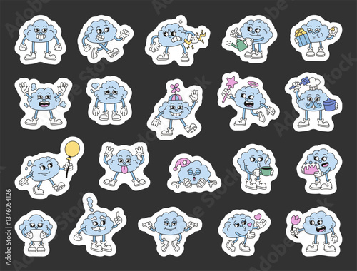 Set of adorable cloud characters in different poses and emotions with fun props like cake, balloons, heart, letter, hat, and popcorn for yours illustration and creative designs projects